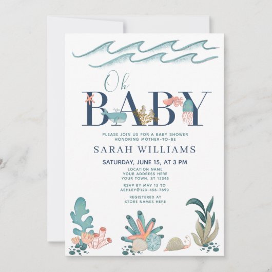 QR-code onder de Zee Waterverf Oh Baby shower Kaart (Voorkant)