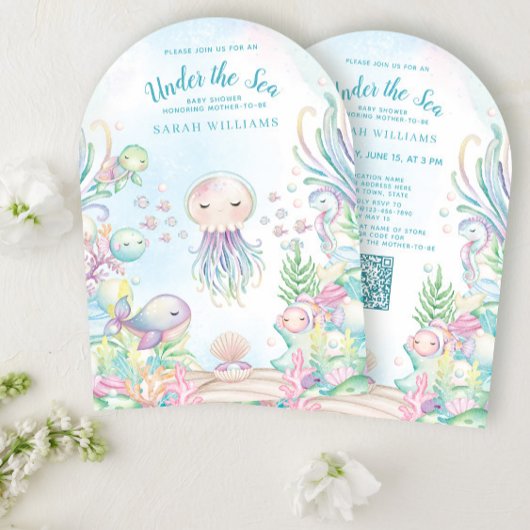 QR-code onder het Zee Blue Waterverf Baby shower Kaart