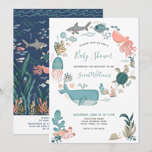 QR-code onder het Zee Blue Waterverf Baby shower Kaart (Voorkant / Achterkant)