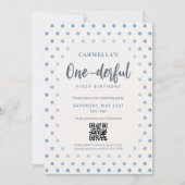 QR-code One-derful Blauwe Stip Eerste Verjaardag Kaart (Voorkant)