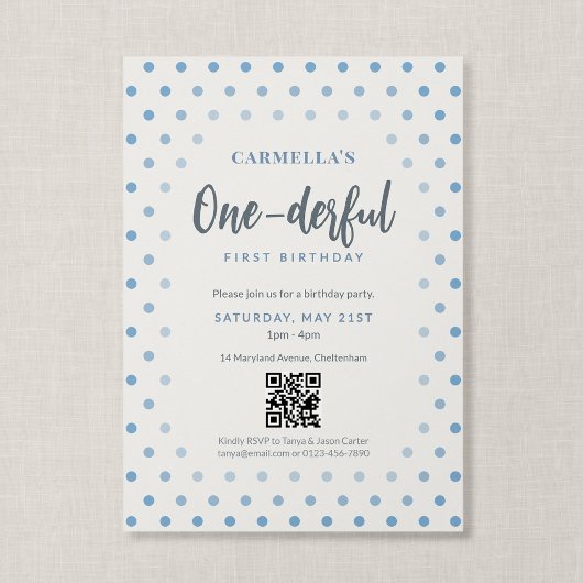 QR-code One-derful Blauwe Stip Eerste Verjaardag Kaart
