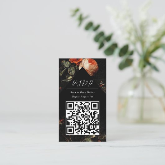 QR-code Online Foto zwart Floral website RSVP Informatiekaartje (Staand voorkant)