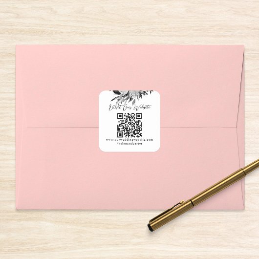 QR-code Online Foto zwart Floral website RSVP Vierkante Sticker