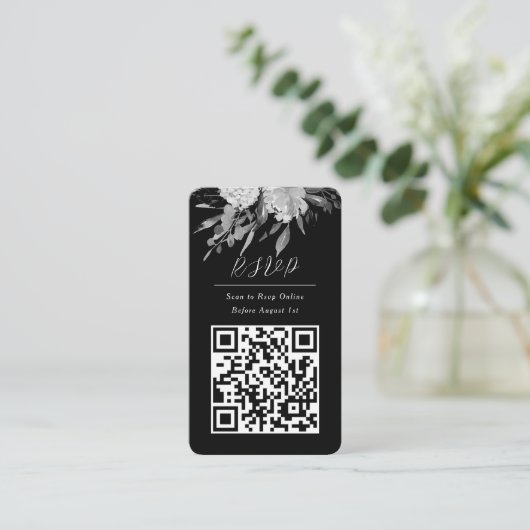 QR-code Online Foto zwart Floral website RSVP Visitekaartje (Staand voorkant)