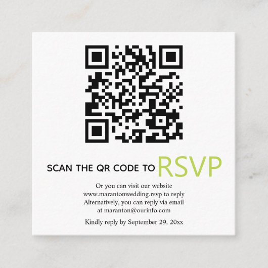 QR-code online RSVP moderne lichtgroene bruiloft Informatiekaartje (Voorkant)