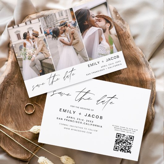 QR-code Opslaan Datum 3 Foto Elegant modern Save The Date