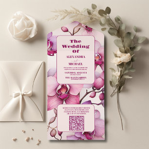 QR Code Opulent Waterverf Roze Orchidee Bruiloft All In One Uitnodiging