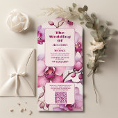 QR Code Opulent Waterverf Roze Orchidee Bruiloft All In One Uitnodiging