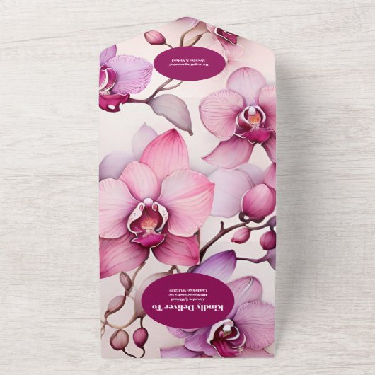 QR Code Opulent Waterverf Roze Orchidee Bruiloft All In One Uitnodiging (Buitenkant)