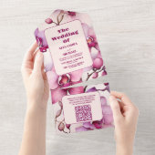 QR Code Opulent Waterverf Roze Orchidee Bruiloft All In One Uitnodiging (Afscheurbaar)