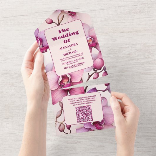 QR Code Opulent Waterverf Roze Orchidee Bruiloft All In One Uitnodiging (Afscheurbaar)