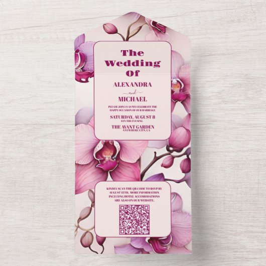 QR Code Opulent Waterverf Roze Orchidee Bruiloft All In One Uitnodiging (Binnen)