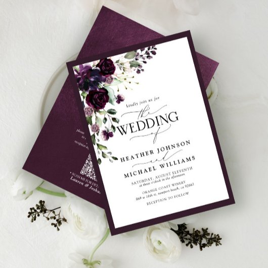 QR-code Paars Floral Waterverf script Kaart