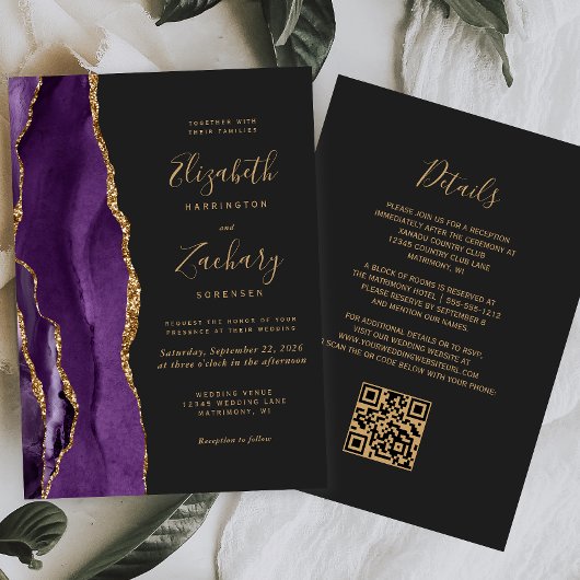QR Code Paars Goud Agaat Donkere Bruiloft Kaart