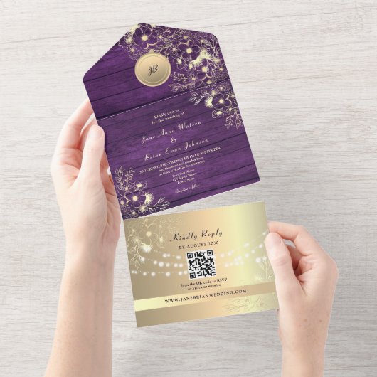 QR Code Paars Goud Roestige Lichten Bruiloft All In One Uitnodiging (Afscheurbaar)