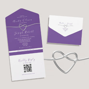 QR Code Paars Zilver Hart Trouwkaart All In One Uitnodiging