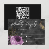 QR Code Paarse en Zwarte Bloemen Bruiloft RSVP Kaa Kaartje (Voorkant / Achterkant)