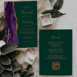 QR Code Paarse Gouden Agaat Emerald Green Wedding Kaart