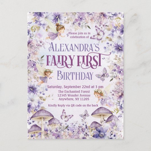 QR Code Paarse Waterverf Fairy Eerste Verjaardag Uitnodiging Briefkaart (Voorkant)