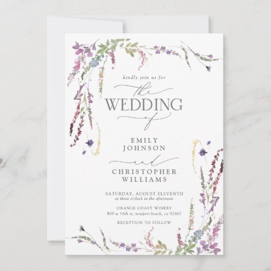 QR Code Paarse Wildflower Calligrafie Weddenschap Kaart (Voorkant)