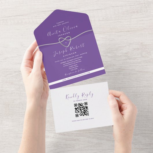 QR Code Paarse Zilveren Hart Wedding All In One Uitnodiging (Afscheurbaar)