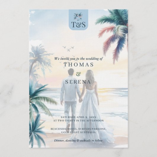 QR-code Palmboom Strand Bruiloft Bestemming Kaart (Voorkant)