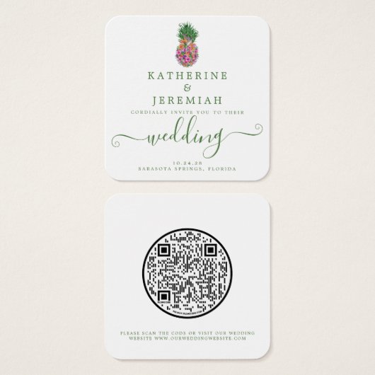 QR Code Pananas Floral Wedding Vierkante Visitekaartjes (Voorkant /achterkant)