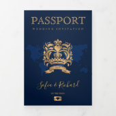 QR Code Paspoort Bestemming Bruiloft Goud Marine Drieluik Wenskaart (Cover)