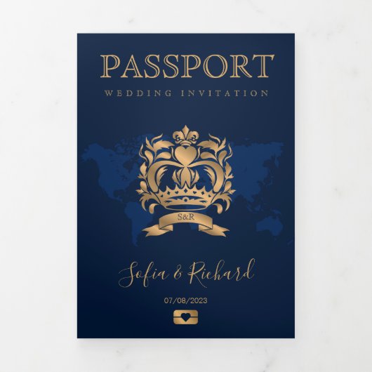 QR Code Paspoort Bestemming Bruiloft Goud Marine Drieluik Wenskaart (Cover)