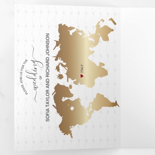 QR Code Paspoort Bestemming Bruiloft Goud Marine Drieluik Wenskaart (Binnenzijde eerst)