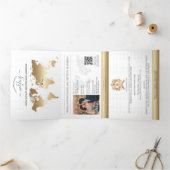 QR Code Paspoort Bestemming Bruiloft Goud Marine Drieluik Wenskaart (Binnen)