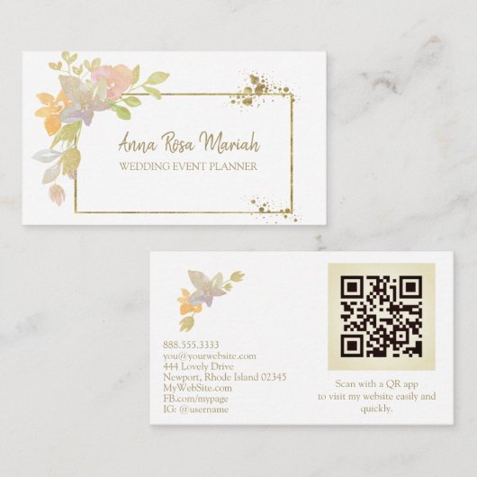 *~* QR CODE Pastel Elegant Gold Glitter Flower Visitekaartje (Voorkant / Achterkant)