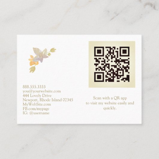*~* QR CODE - Pastel Elegant Gold Glitter Flower Visitekaartje (Achterkant)