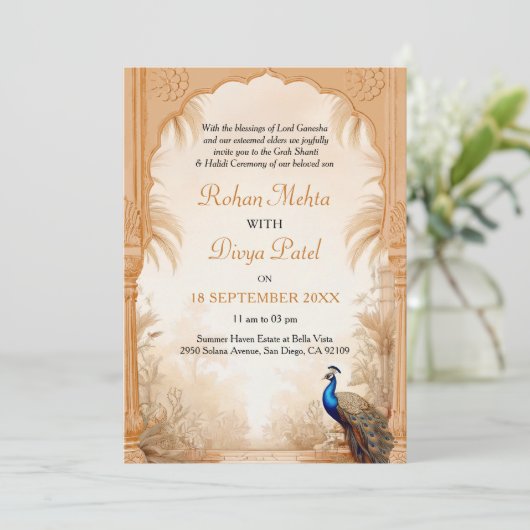 QR Code Pauw Palm Garden Indiase bruiloft Kaart (Staand voorkant)