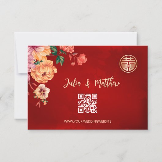 QR-code Peony Red RSVP Chinese bruiloft Kaartje (Achterkant)