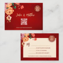QR-code Peony Red RSVP Chinese bruiloft