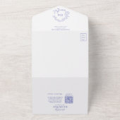 QR Code Periwinkle Leafy Crest Monogram Weddenscha All In One Uitnodiging (Buitenkant)