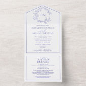 QR Code Periwinkle Leafy Crest Monogram Weddenscha All In One Uitnodiging (Binnen)