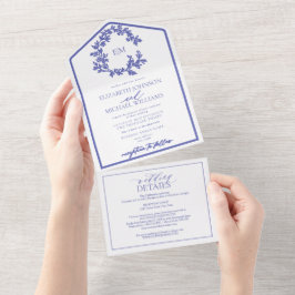 QR Code Periwinkle Leafy Crest Monogram Weddenscha All In One Uitnodiging