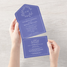 QR Code Periwinkle Leafy Crest Monogram Weddenscha All In One Uitnodiging