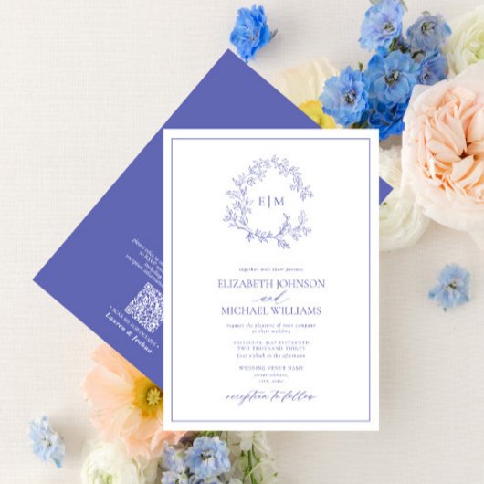 QR Code Periwinkle Leafy Crest Monogram Weddenscha Kaart