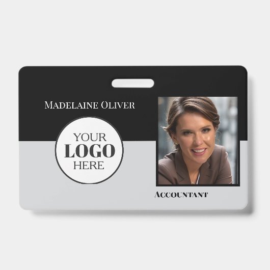 QR-code personeels-ID Zwart Grijs Logo Foto Badge (Voorzijde)