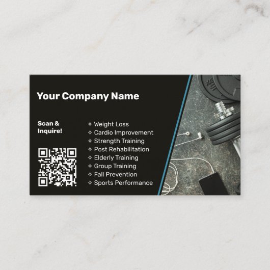 QR-code persoonlijk trainer zwart/blauw Visitekaartje (Voorkant)