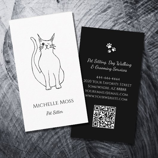 QR-code Pet Sitter Cute Winking Cat Black White Visitekaartje