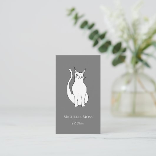 QR-code Pet Sitter Cute Winking Cat Gray Visitekaartje (Staand voorkant)