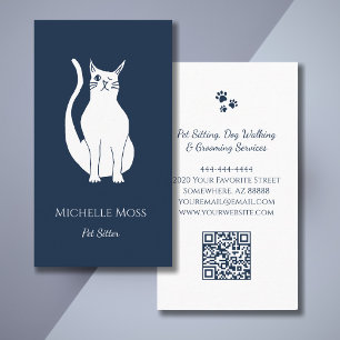QR code Pet Sitter Schattige Winking Cat Navy Blue Visitekaartje