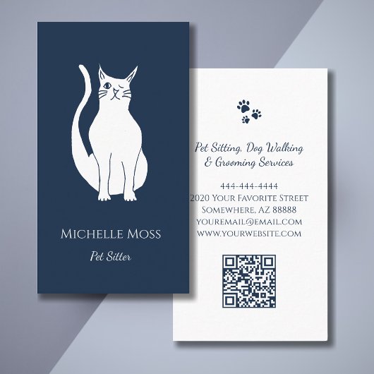 QR code Pet Sitter Schattige Winking Cat Navy Blue Visitekaartje