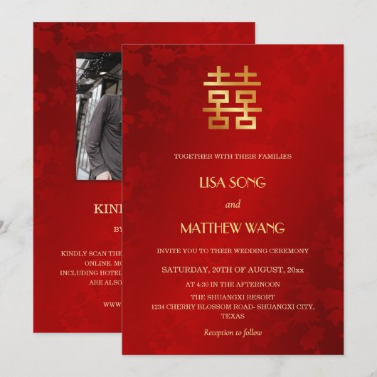QR Code Photo | Red Gold Chinese Wedding Kaart (Voorkant / Achterkant)