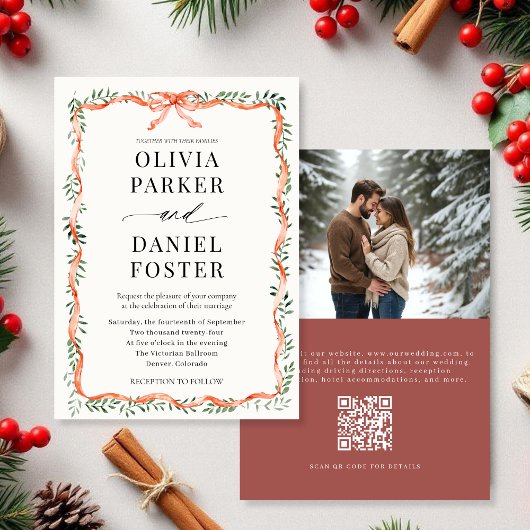QR Code Photo Red Ribbon & Bow Winter Wedding Kaart