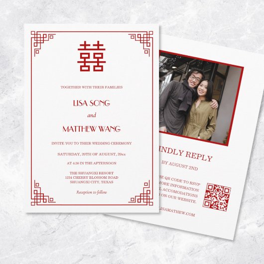 QR Code Photo | Red White Chinese Wedding Kaart
